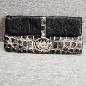 Vintage Y2K Michelle Monroe Croc Embossed Clutch Heart Rhinestone Punk Grunge